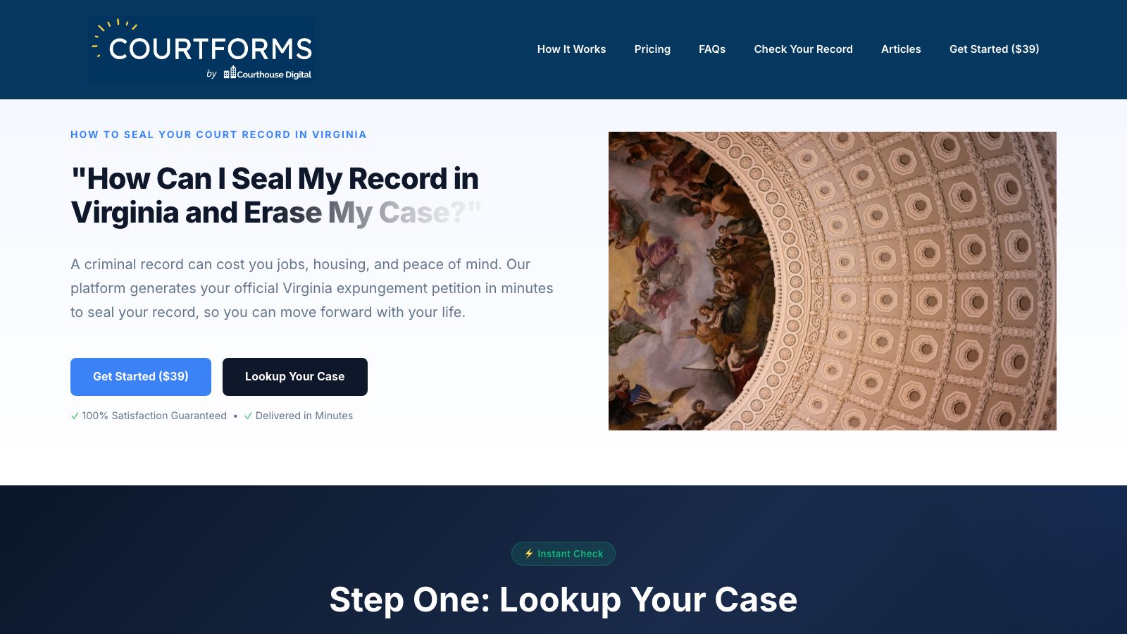 Seal My Record Virginia home page with the court record lookup form